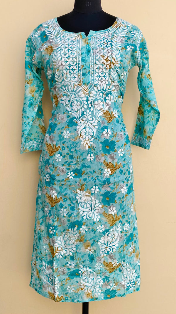 Lucknowi Chikankari Printed Kurti Blue Mulmul Cotton