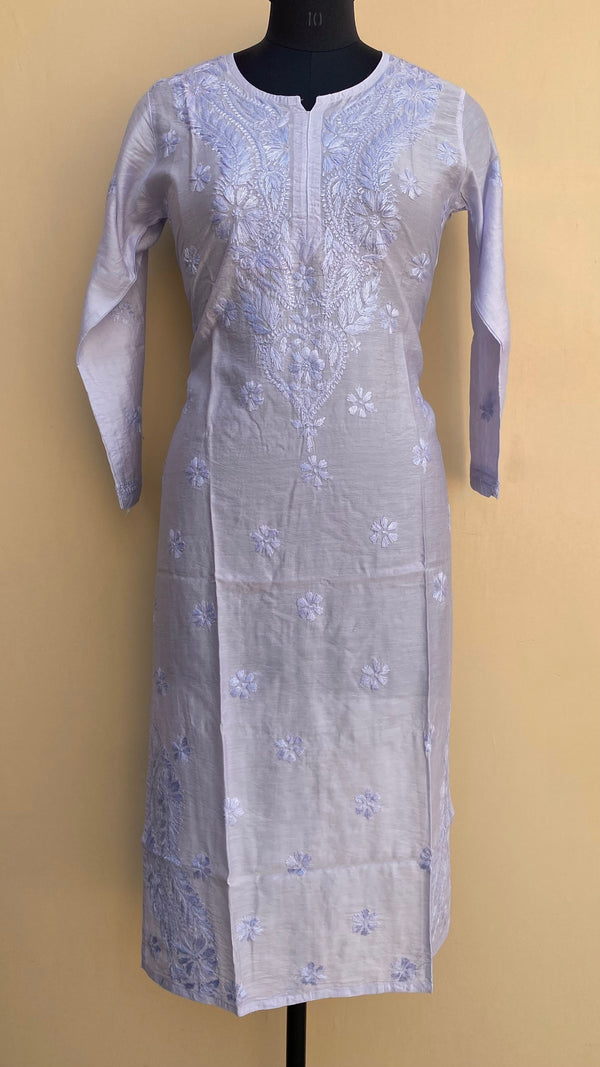 Lucknowi Chikankari Kurti Blue Mal Chanderi With Self Work