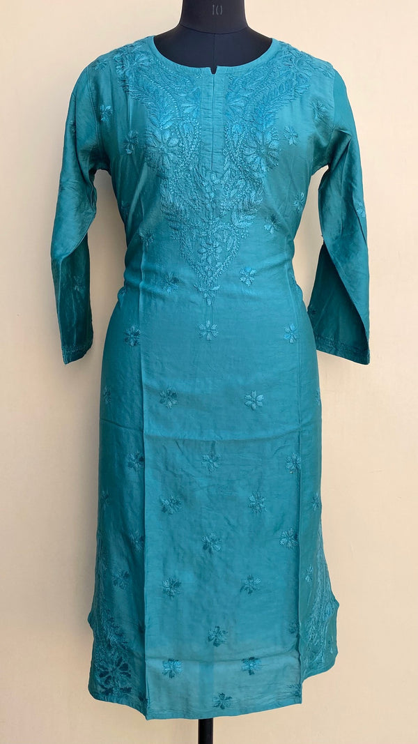 Lucknowi Chikankari Kurti Turquoise Green Mal Chanderi With Self Work