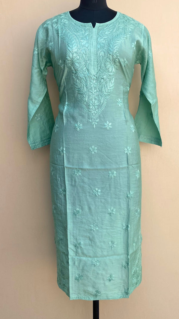 Lucknowi Chikankari Kurti Teal Green Mal Chanderi With Self Work