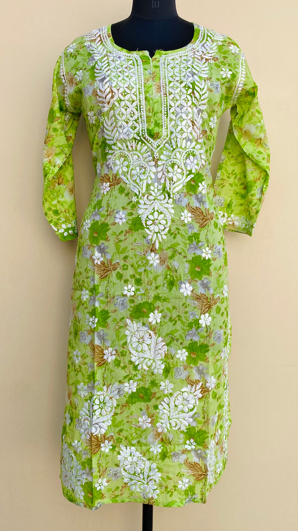 Lucknowi Chikankari Printed Kurti Green Mulmul Cotton