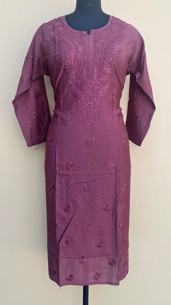 Lucknowi Chikankari Kurti Wine Mal Chanderi With Self Work