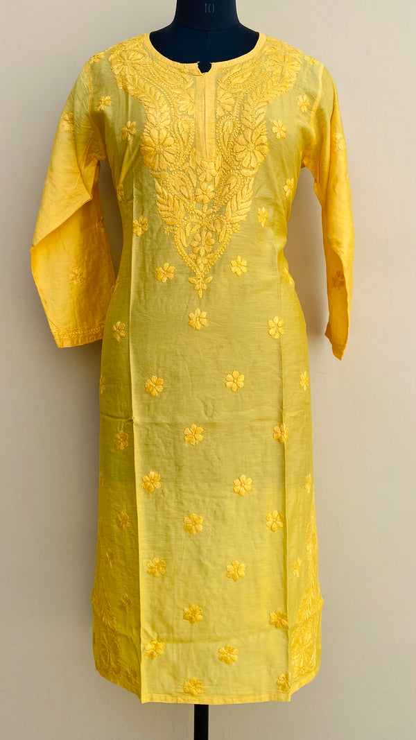 Lucknowi Chikankari Kurti Yellow Mal Chanderi With Self Work