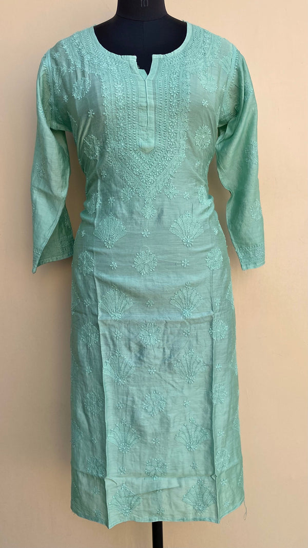 Lucknowi Chikankari Kurti Teal Green Mal Chanderi With Self Work