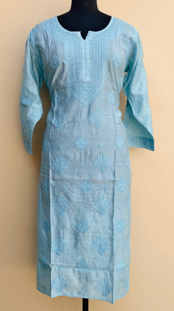 Lucknowi Chikankari Kurti Blue Mal Chanderi With Self Work