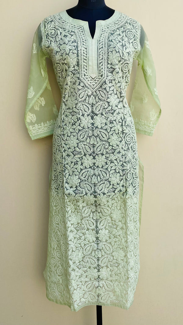 Lucknowi Chikankari Kurti Pista Green Organza with Self work