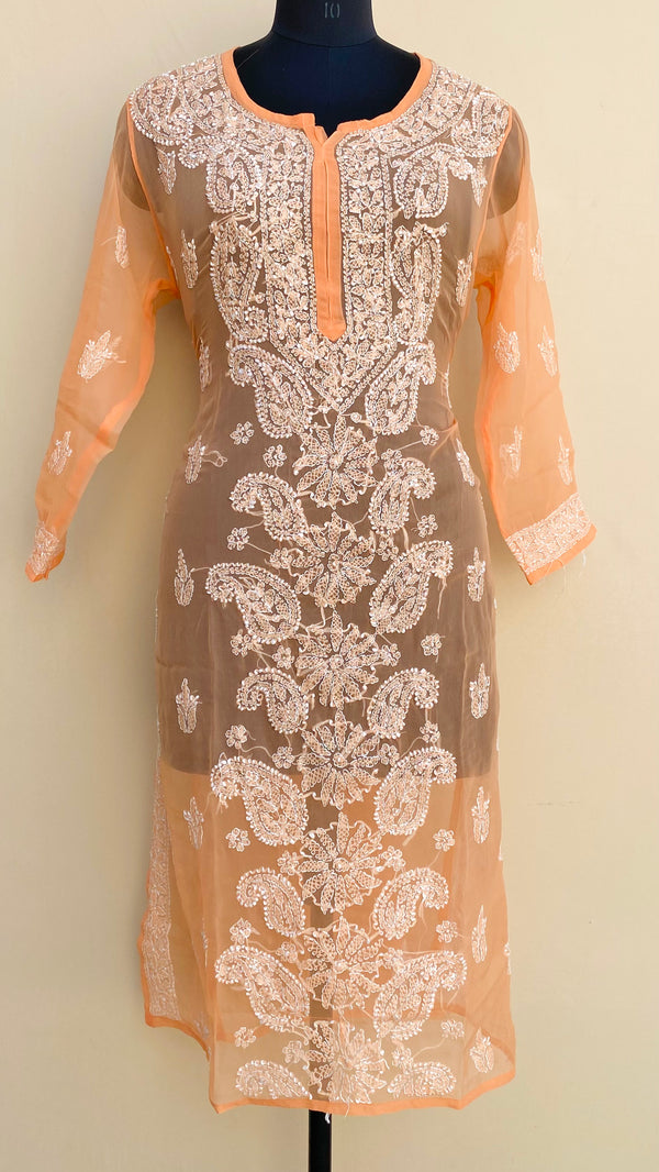 Lucknowi Chikankari Kurti Orange Faux Georgette