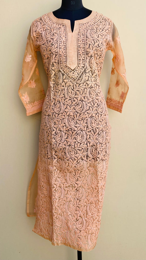 Lucknowi Chikankari Kurti Peach Organza with Self work