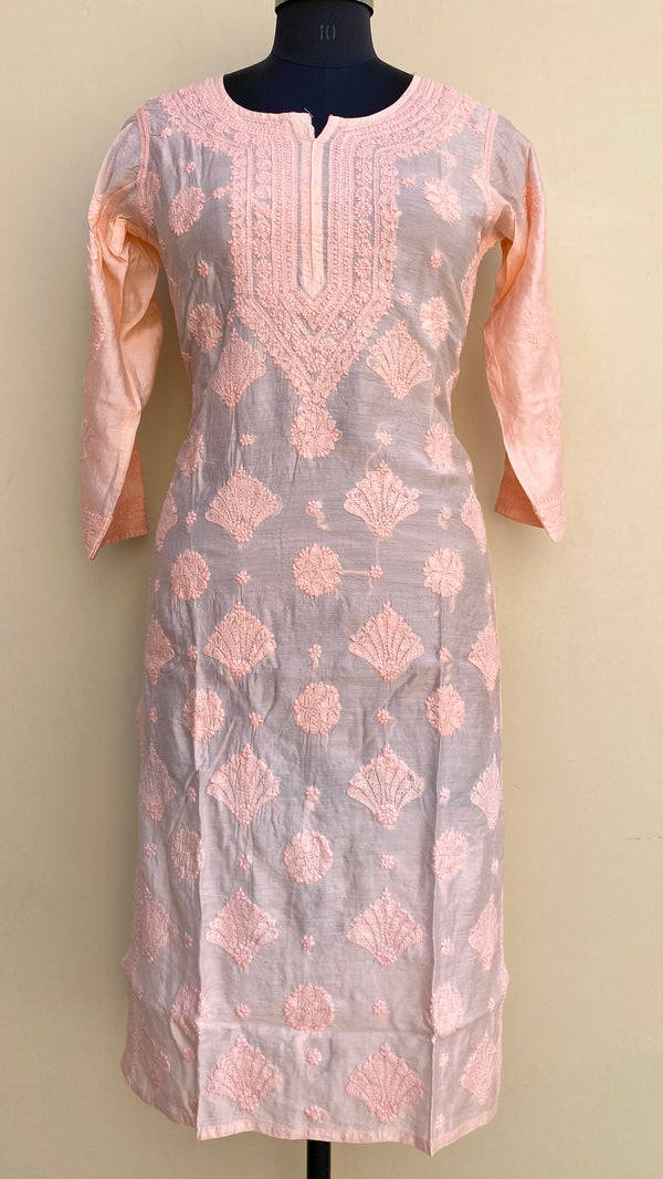 Lucknowi Chikankari Kurti Peach Mal Chanderi With Self Work