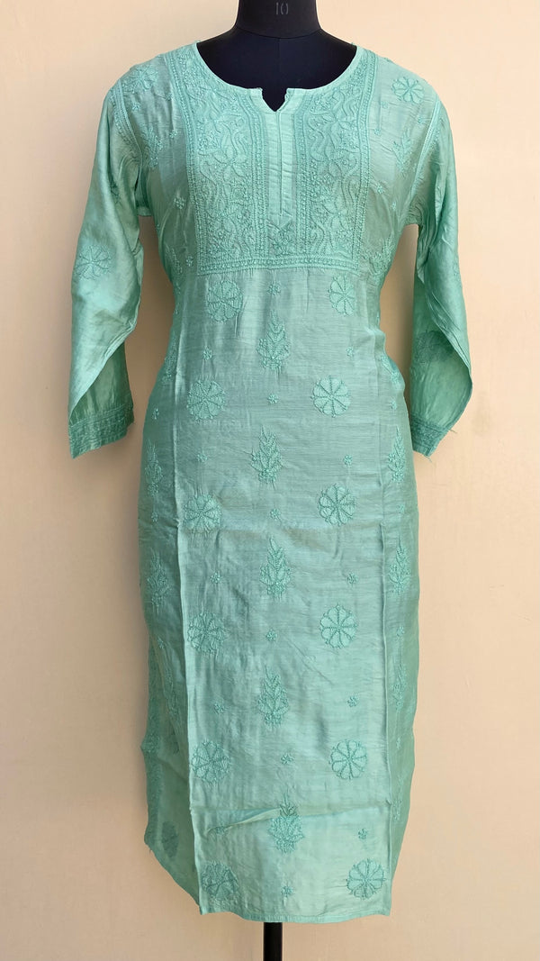 Lucknowi Chikankari Kurti Green Mal Chanderi With Self Work