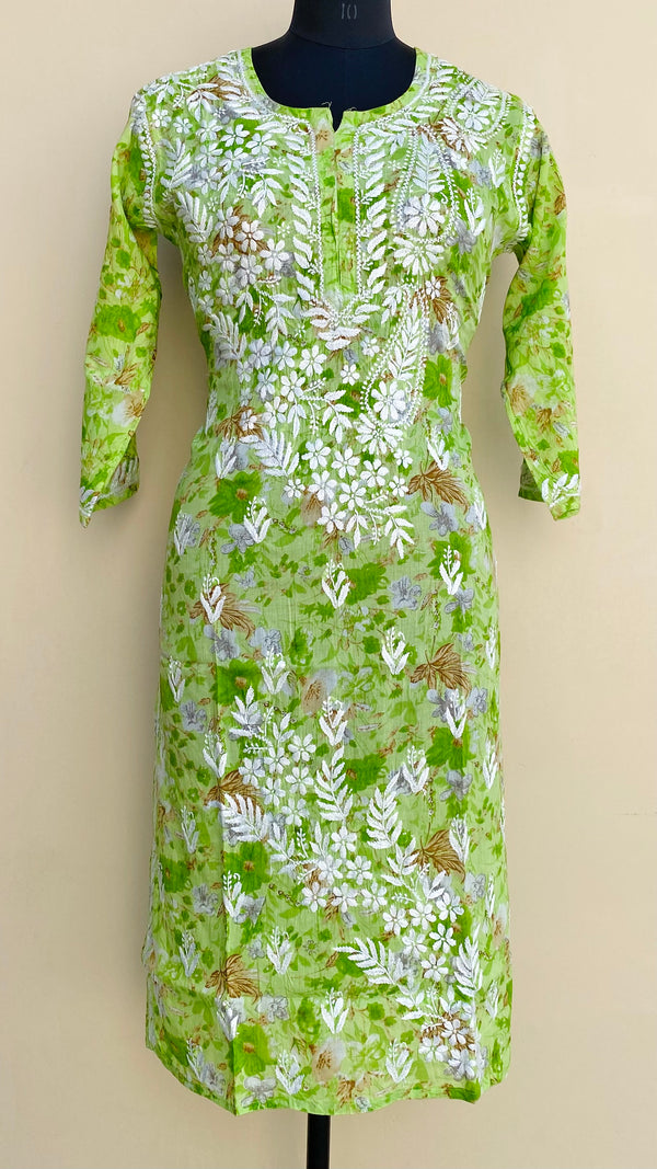 Lucknowi Chikankari Printed Kurti Green Mulmul Cotton