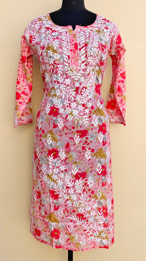 Lucknowi Chikankari Printed Kurti Pink Mulmul Cotton