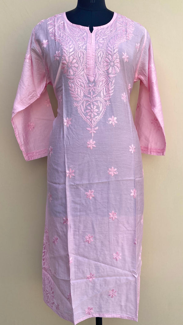 Lucknowi Chikankari Kurti Pink Mal Chanderi With Self Work