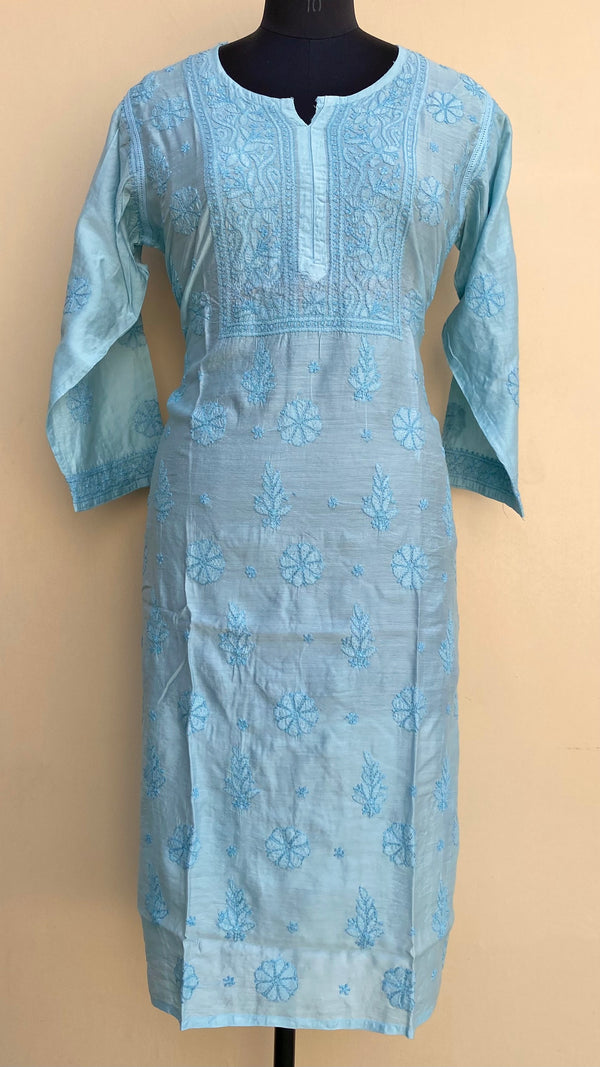 Lucknowi Chikankari Kurti Blue Mal Chanderi With Self Work