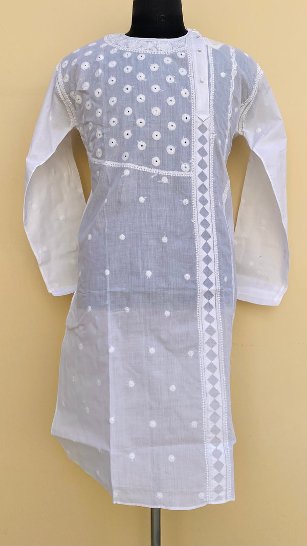 Lucknowi Chikankari Men’s Angrakha Kurta White On White Cotton