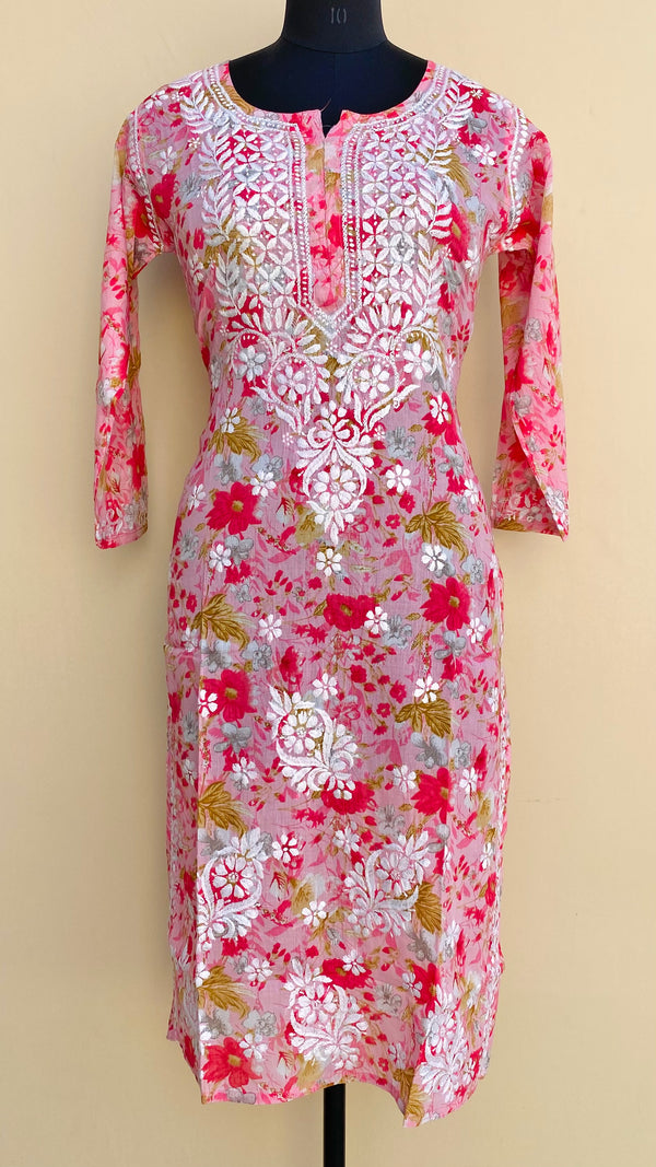 Lucknowi Chikankari Printed Kurti Pink Mulmul Cotton