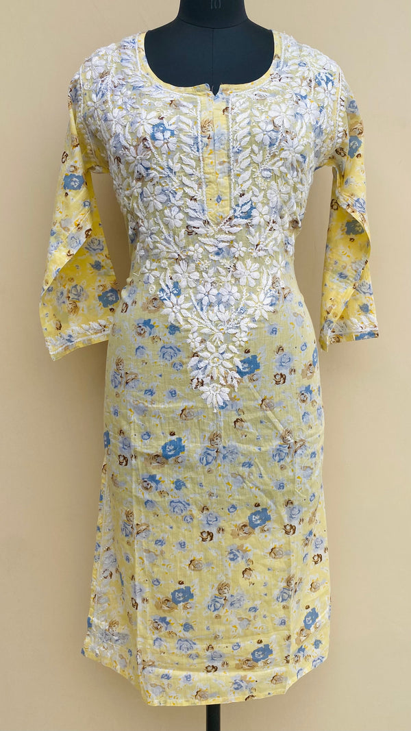 Lucknowi Chikankari Printed Kurti Yellow Mulmul Cotton
