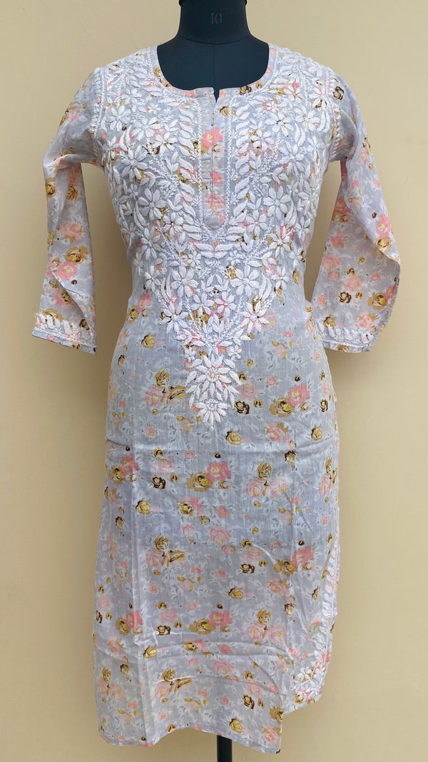 Lucknowi Chikankari Kurti Printed Gray Mulmul Cotton