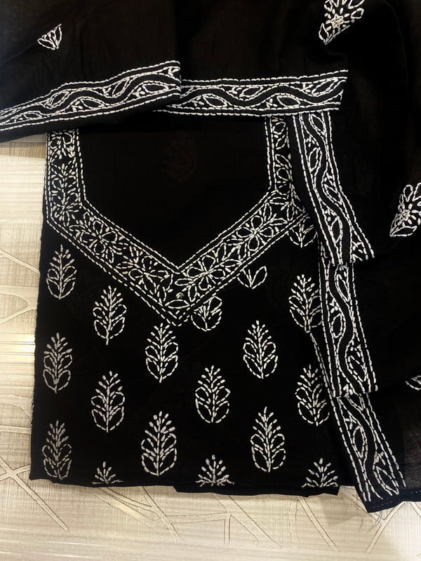Lucknowi Chikankari Suit Length 3 Piece Black Cotton