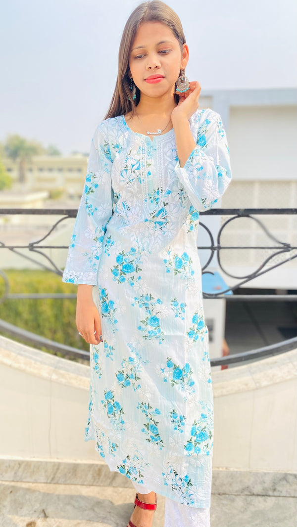 Lucknowi Chikankari Printed Kurti Blue Mulmul Cotton