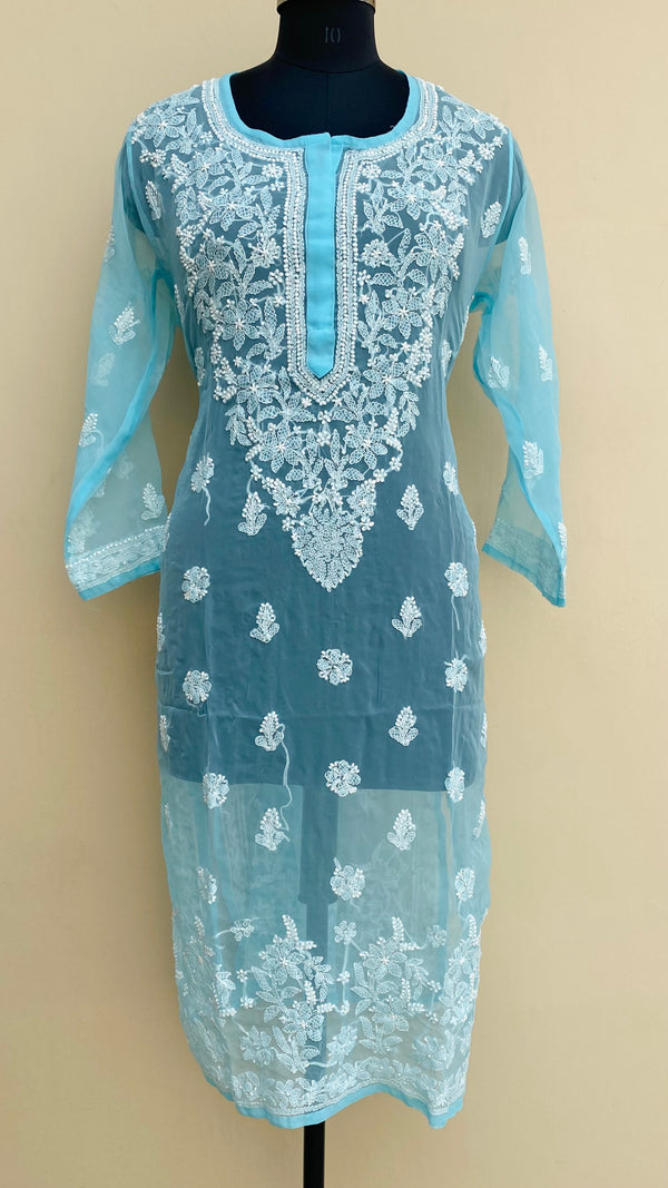 Lucknowi Chikankari Kurti Blue Faux Georgette