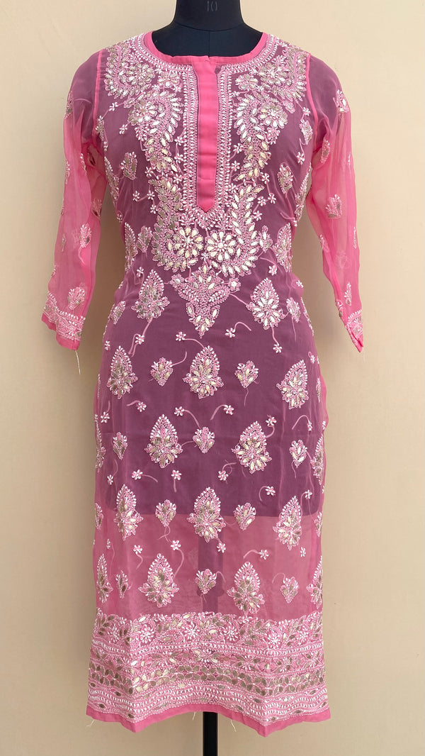 Lucknowi Chikankari Kurti Pink Faux Georgette With Gotta Patti Work