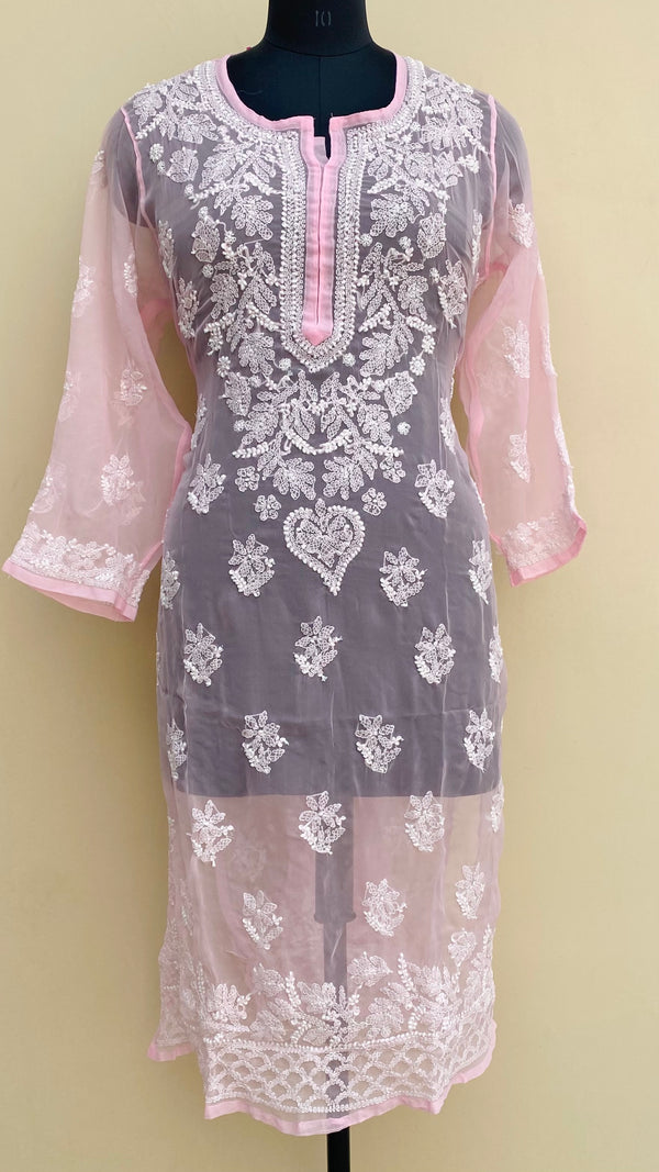 Lucknowi Chikankari Kurti Pink Faux Georgette