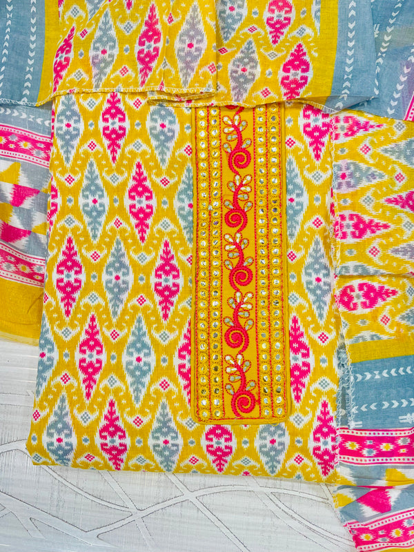 Designer Embroidered Suit Length 3 Piece Haldi Yellow Cotton