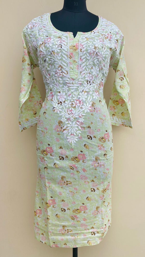 Lucknowi Chikankari Kurti Printed Green Mulmul Cotton