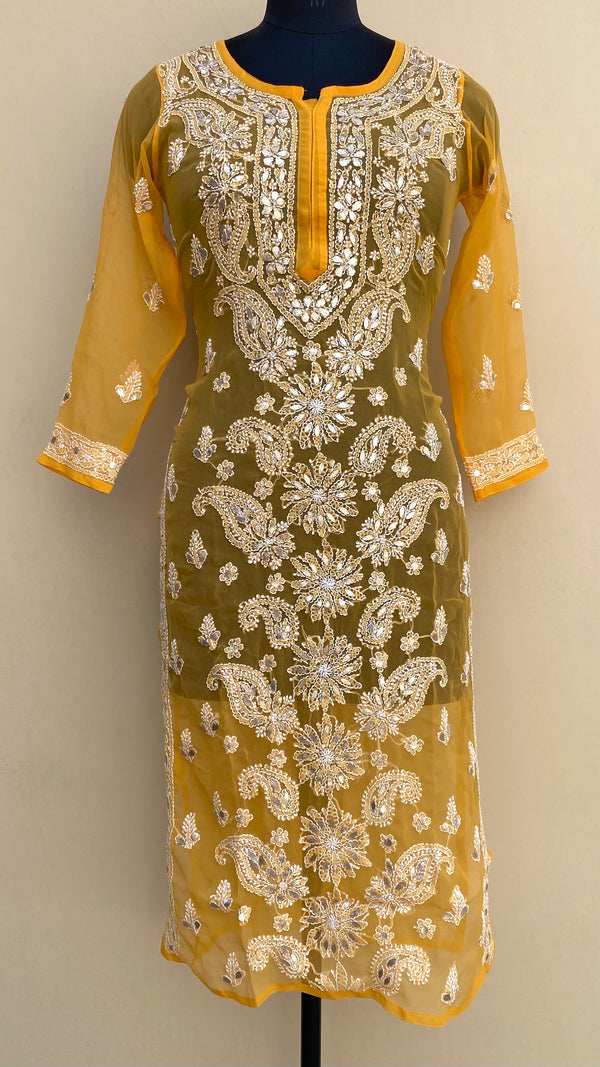 Lucknowi Chikankari Kurti Mustard Faux Georgette With Gotta Patti Work