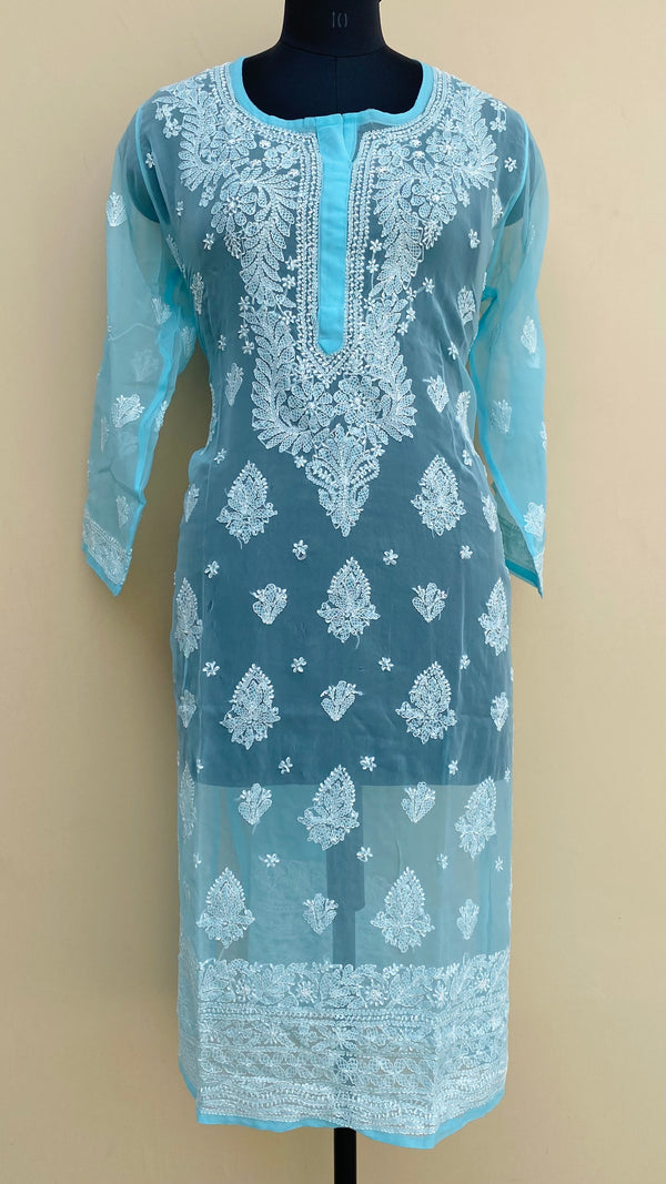 Lucknowi Chikankari Kurti Blue Faux Georgette