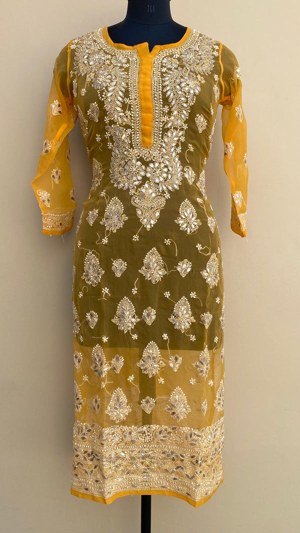 Lucknowi Chikankari Kurti Yellow Faux Georgette With Gotta Patti Work