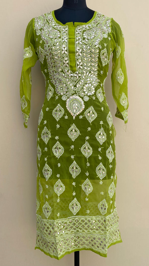 Lucknowi Chikankari Kurti Mehandi Green Faux Georgette With Gotta Patti Work