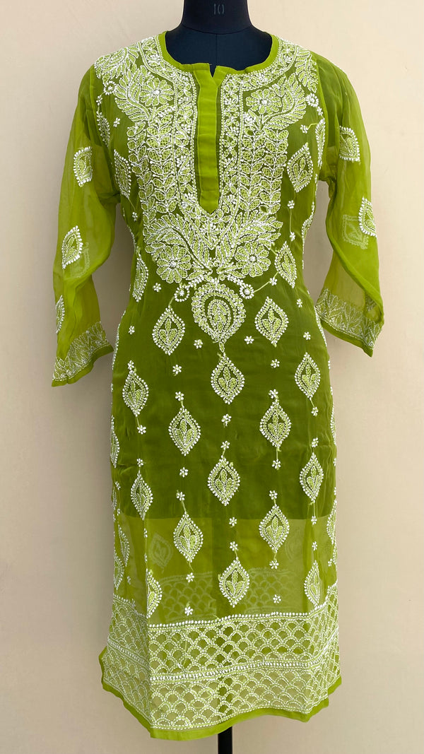 Lucknowi Chikankari Kurti Mehandi Green Faux Georgette