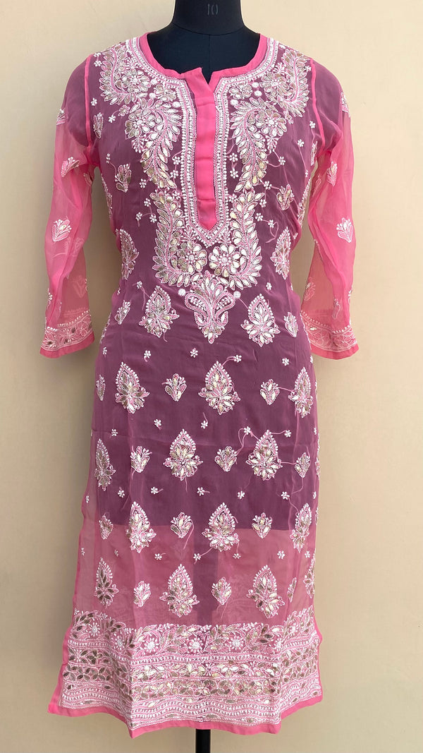 Lucknowi Chikankari Kurti Pink Faux Georgette With Gotta Patti Work