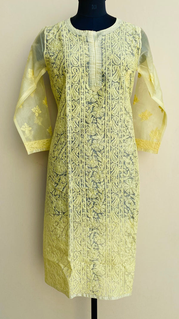 Lucknowi Chikankari Kurti Yellow Organza with Self work