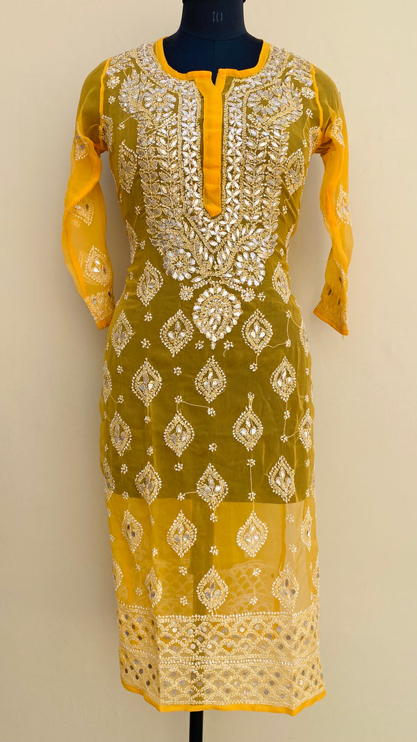 Lucknowi Chikankari Kurti Mustard Faux Georgette With Gotta Patti Work