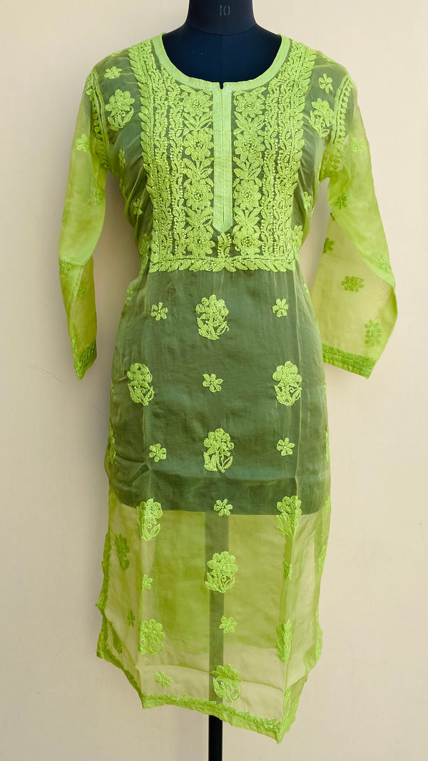 Lucknowi Chikankari Kurti Green Organza with Self work