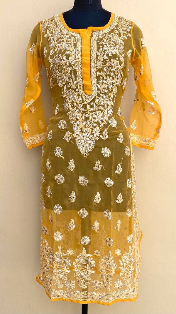 Lucknowi Chikankari Kurti Mustard Faux Georgette With Gotta Patti Work