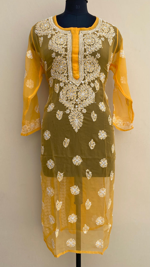 Lucknowi Chikankari Kurti Mustard Faux Georgette