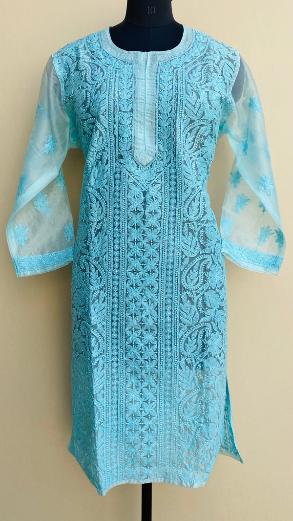 Lucknowi Chikankari Kurti Blue Organza with Self work