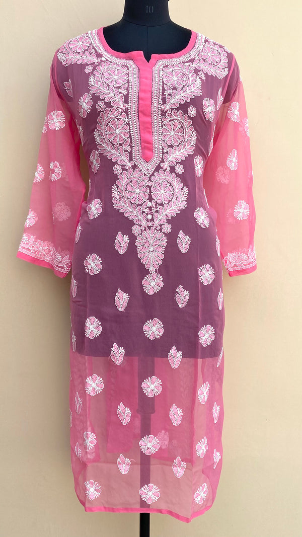 Lucknowi Chikankari Kurti Pink Faux Georgette