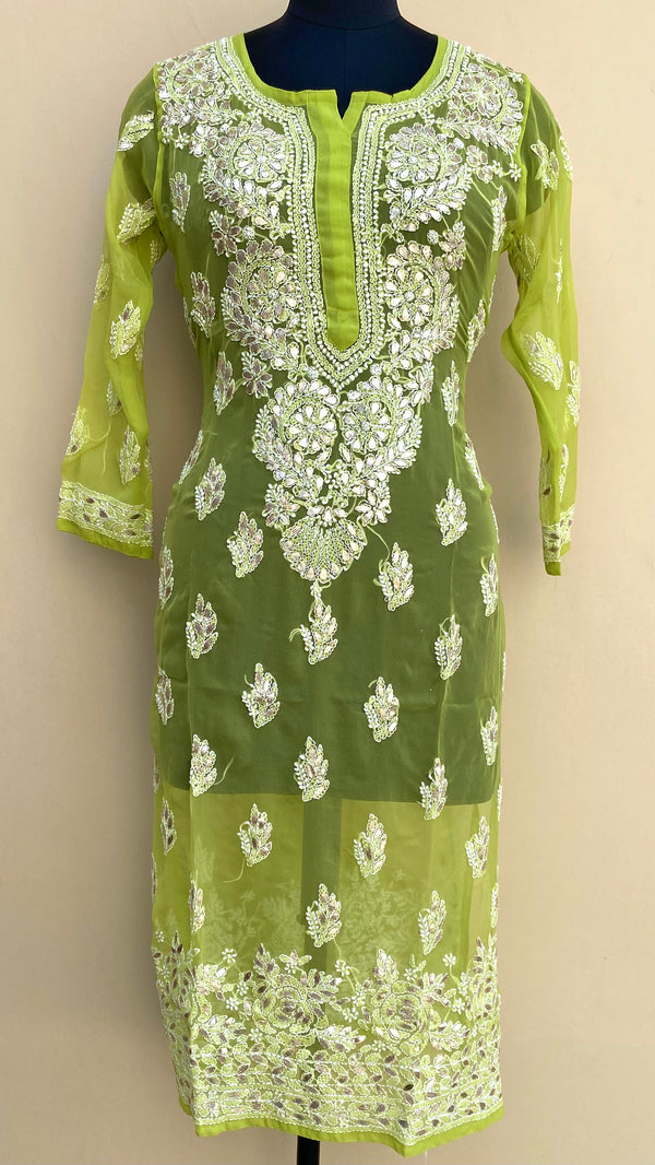 Lucknowi Chikankari Kurti Green Faux Georgette With Gotta Patti Work