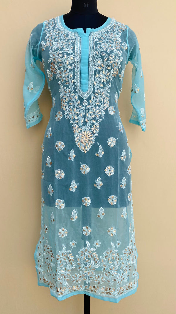 Lucknowi Chikankari Kurti Blue Faux Georgette With Gotta Patti Work