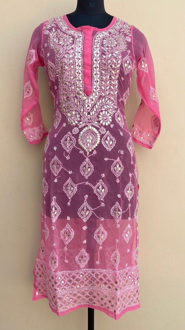 Lucknowi Chikankari Kurti Pink Faux Georgette With Gotta Patti Work