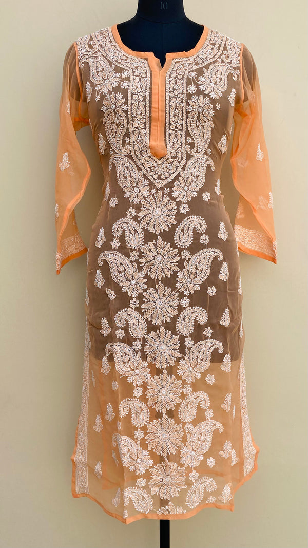 Lucknowi Chikankari Kurti Orange Faux Georgette