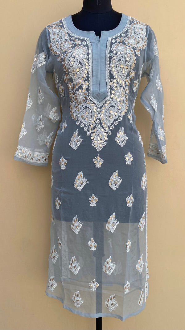 Lucknowi Chikankari Kurti Gray Faux Georgette With Gotta Patti Work