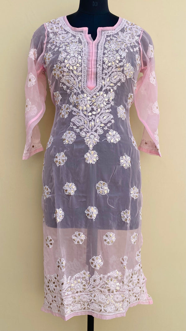 Lucknowi Chikankari Kurti Pink Faux Georgette With Gotta Patti Work