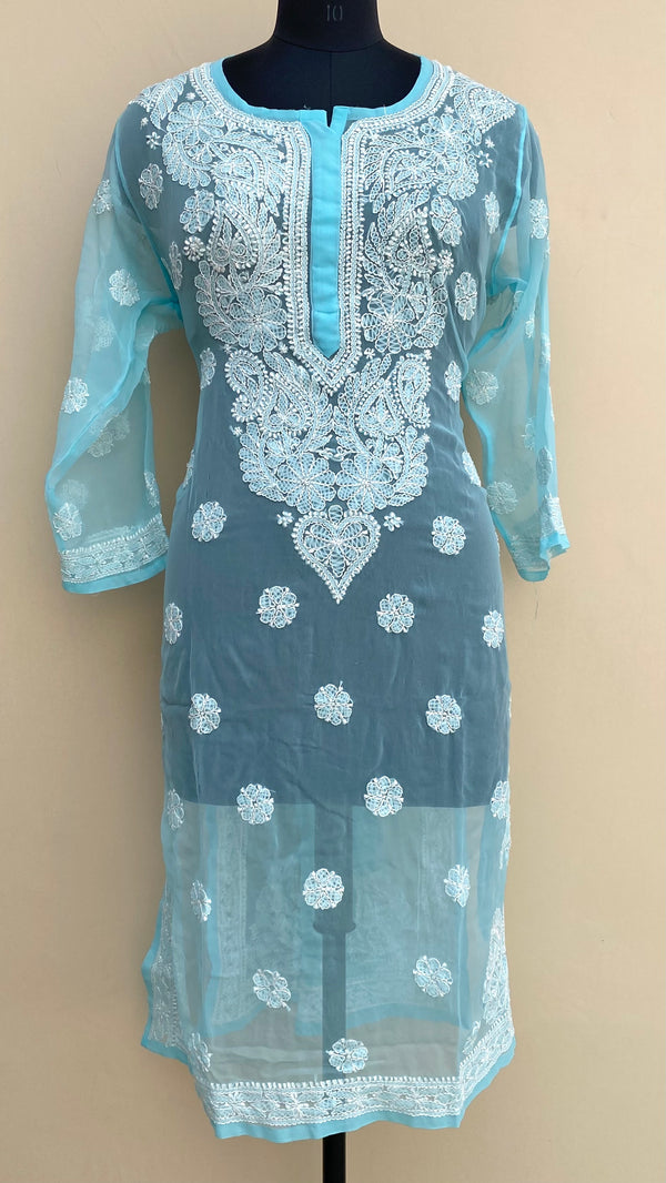 Lucknowi Chikankari Kurti Blue Faux Georgette