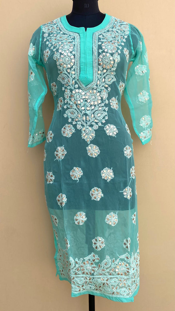 Lucknowi Chikankari Kurti Sea Green Faux Georgette With Gotta Patti Work